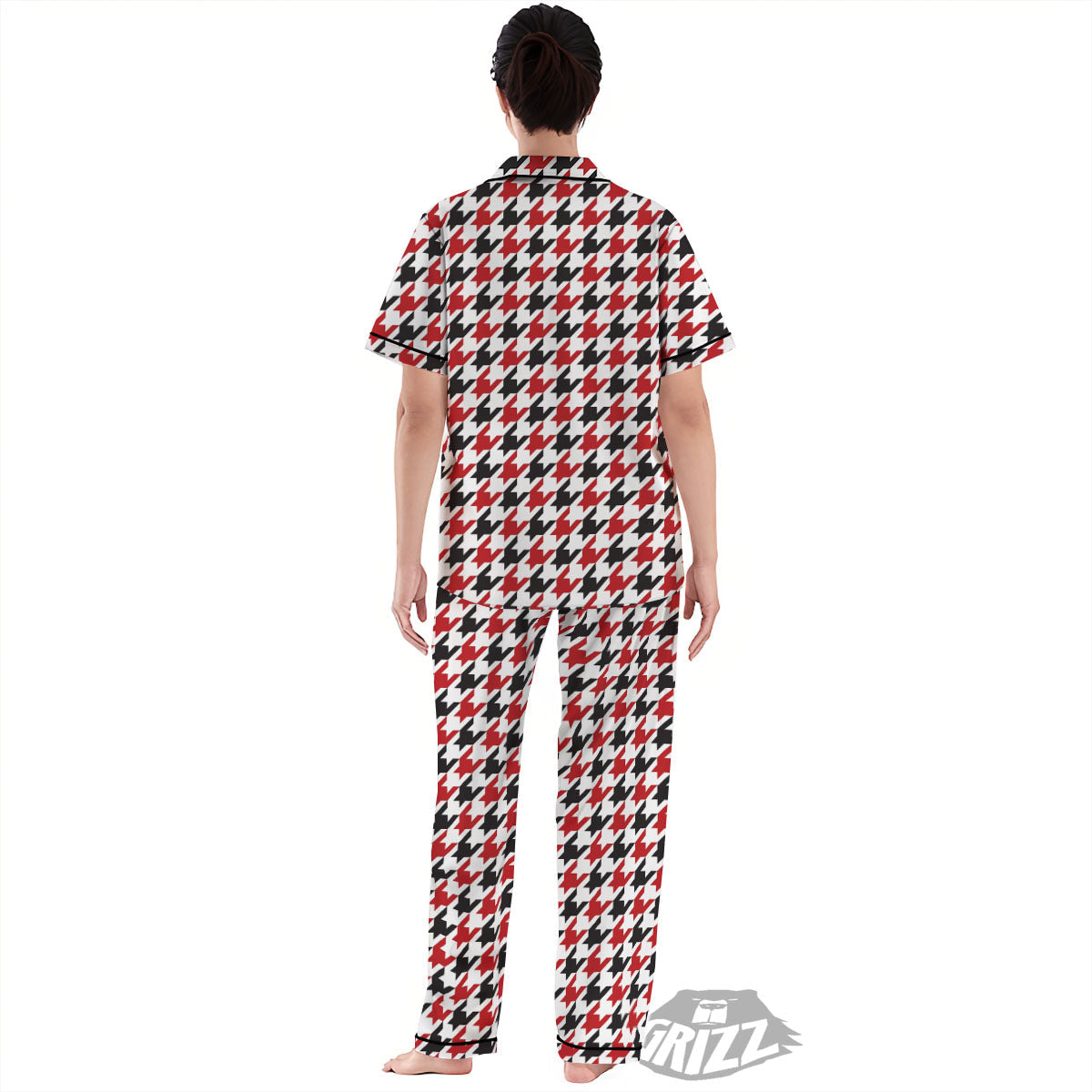 Houndstooth White And Red Print Pattern Women's Pajamas Set-grizzshop
