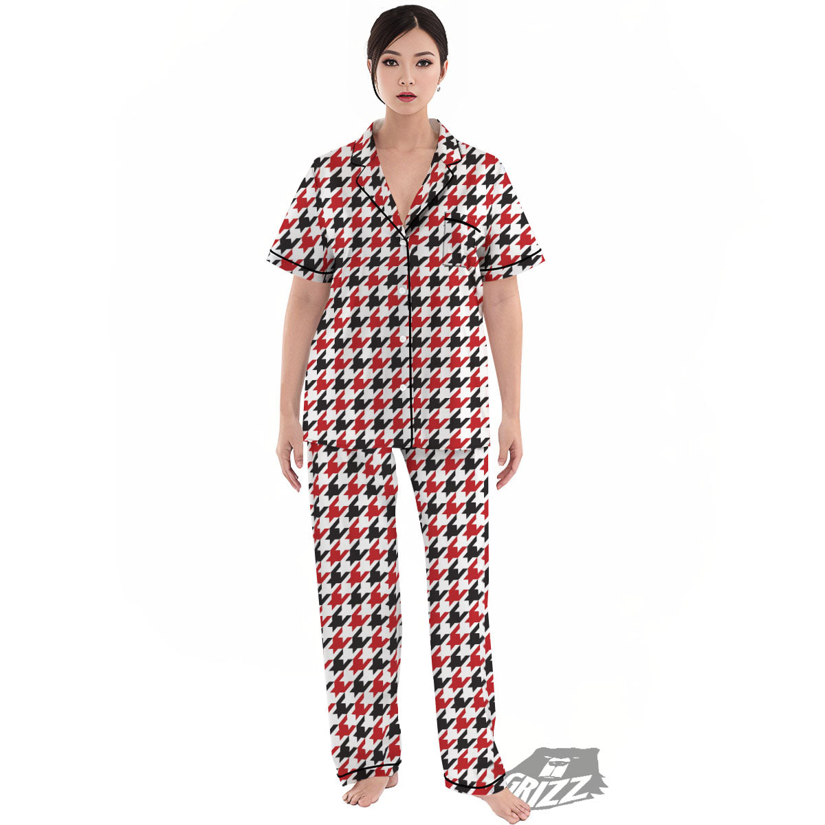 Houndstooth White And Red Print Pattern Women's Pajamas Set-grizzshop