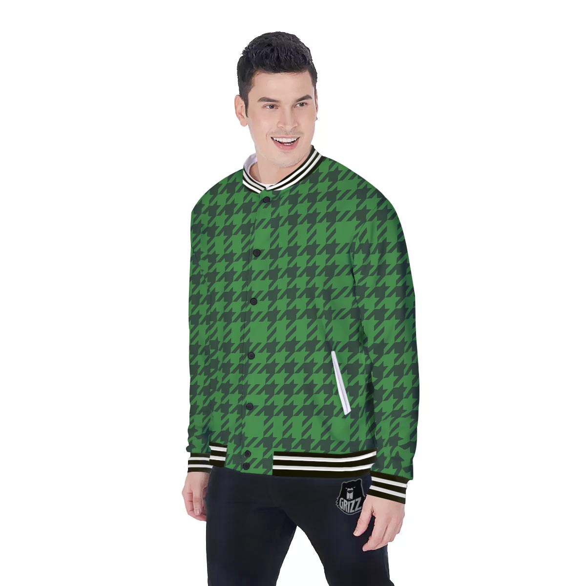 Houndstooth green Trippy Print Pattern Baseball Jacket-grizzshop