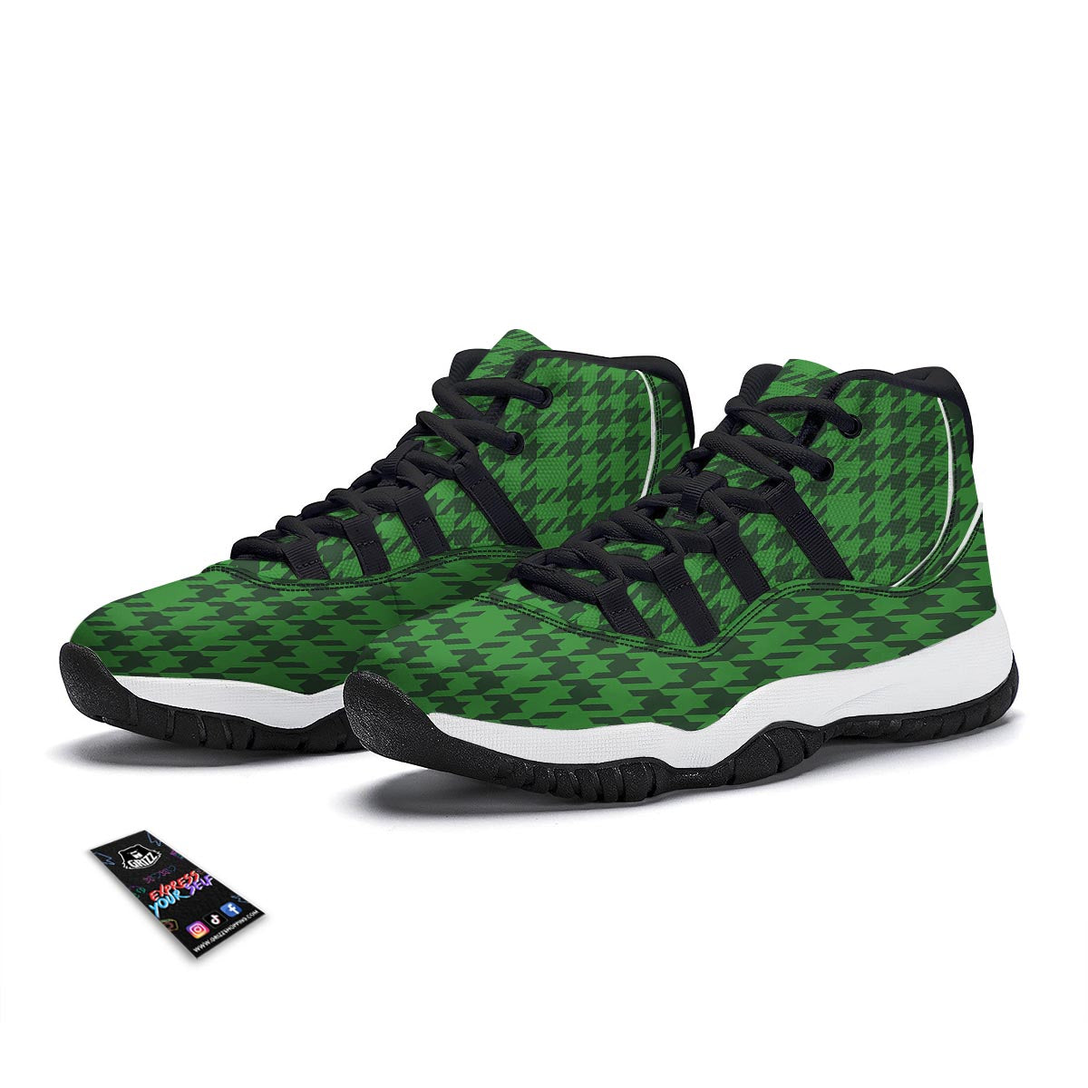 Houndstooth green Trippy Print Pattern Black Bball Shoes-grizzshop