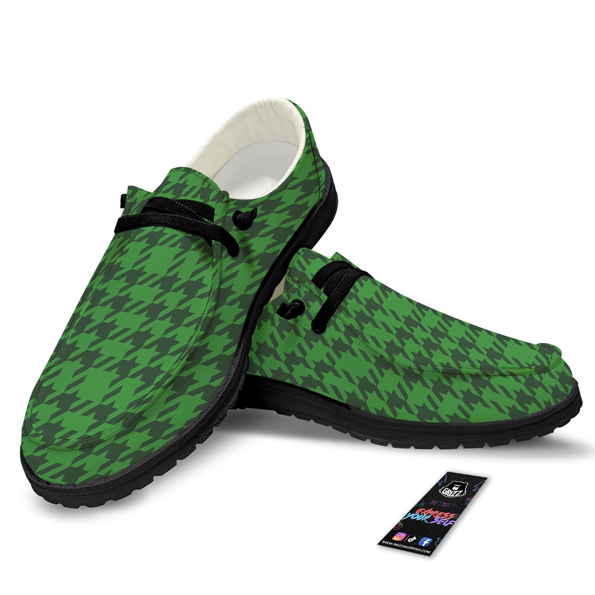 Houndstooth green Trippy Print Pattern Black Loafers-grizzshop