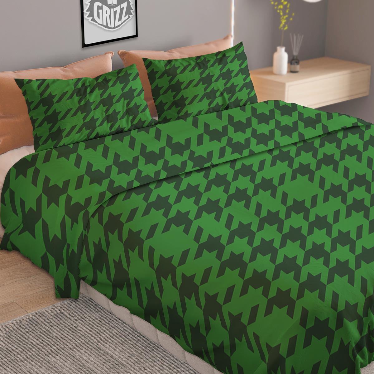 Houndstooth green Trippy Print Pattern Duvet Cover Bedding Set