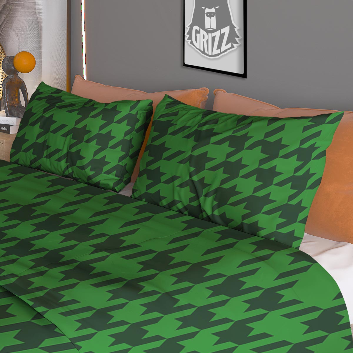 Houndstooth green Trippy Print Pattern Duvet Cover Bedding Set