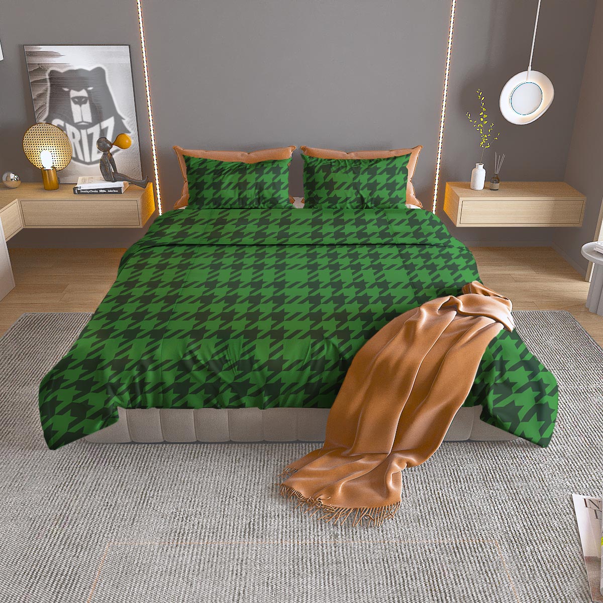 Houndstooth green Trippy Print Pattern Duvet Cover Bedding Set