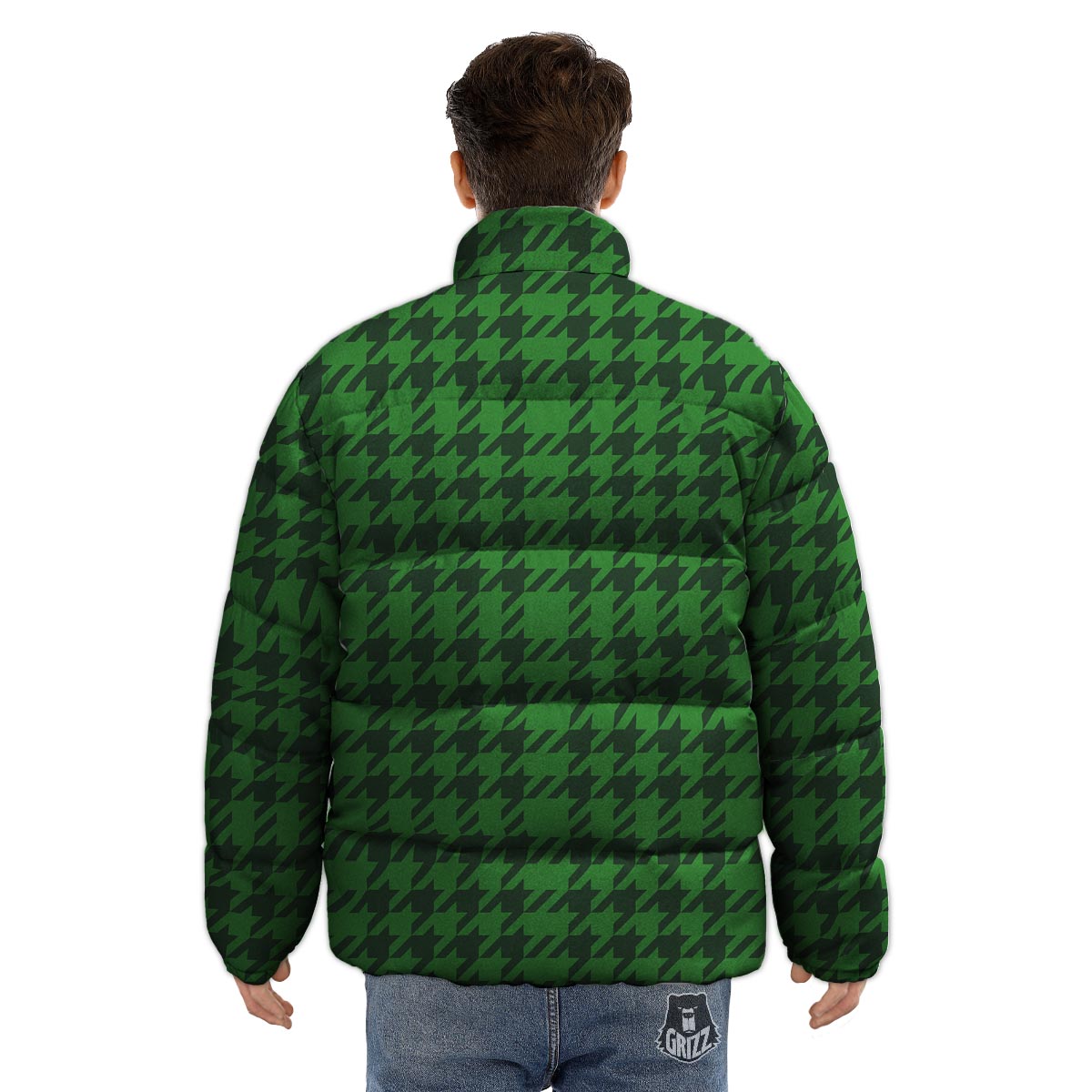 Houndstooth green Trippy Print Pattern Puffer Jacket-grizzshop