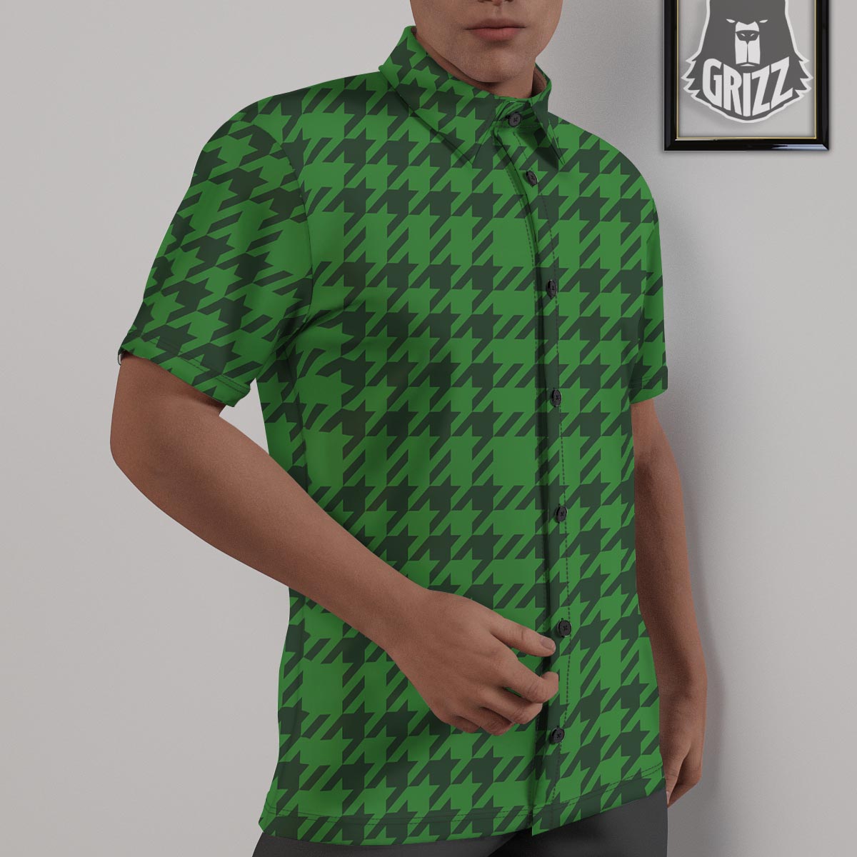 Houndstooth green Trippy Print Pattern Untucked Shirts-grizzshop