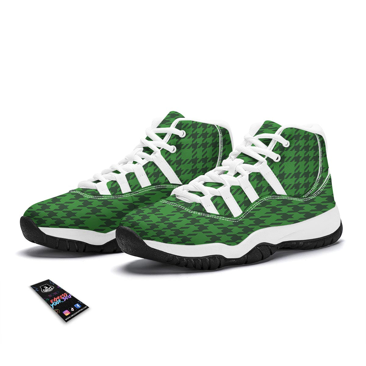 Houndstooth green Trippy Print Pattern White Bball Shoes-grizzshop