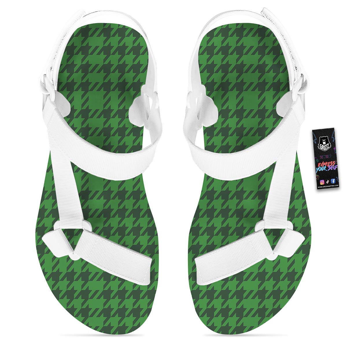 Houndstooth green Trippy Print Pattern White Open Toe Sandals-grizzshop