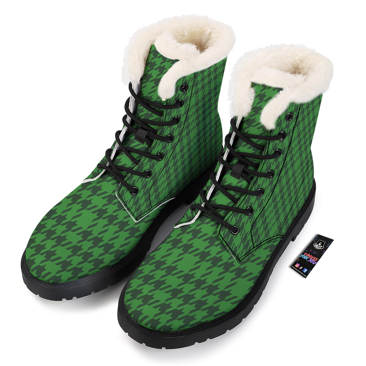 Houndstooth green Trippy Print Pattern Winter Boots-grizzshop