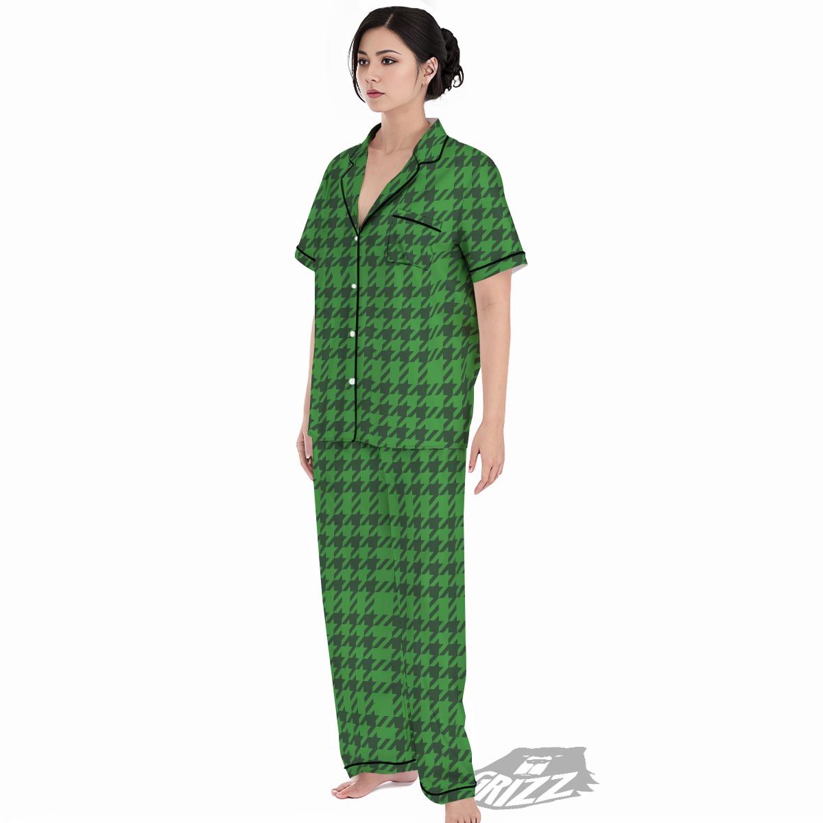 Houndstooth green Trippy Print Pattern Women's Pajamas Set-grizzshop