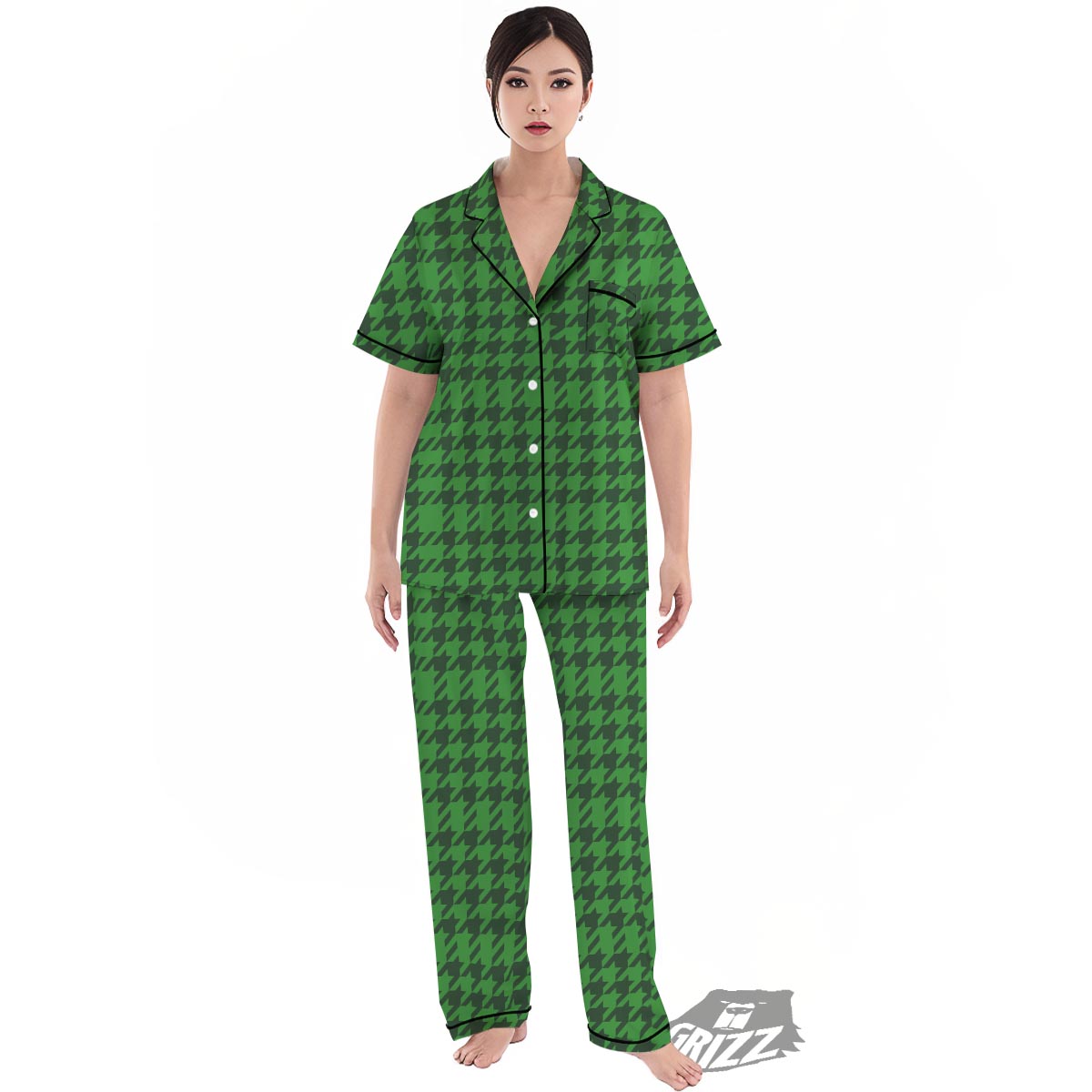Houndstooth green Trippy Print Pattern Women's Pajamas Set-grizzshop