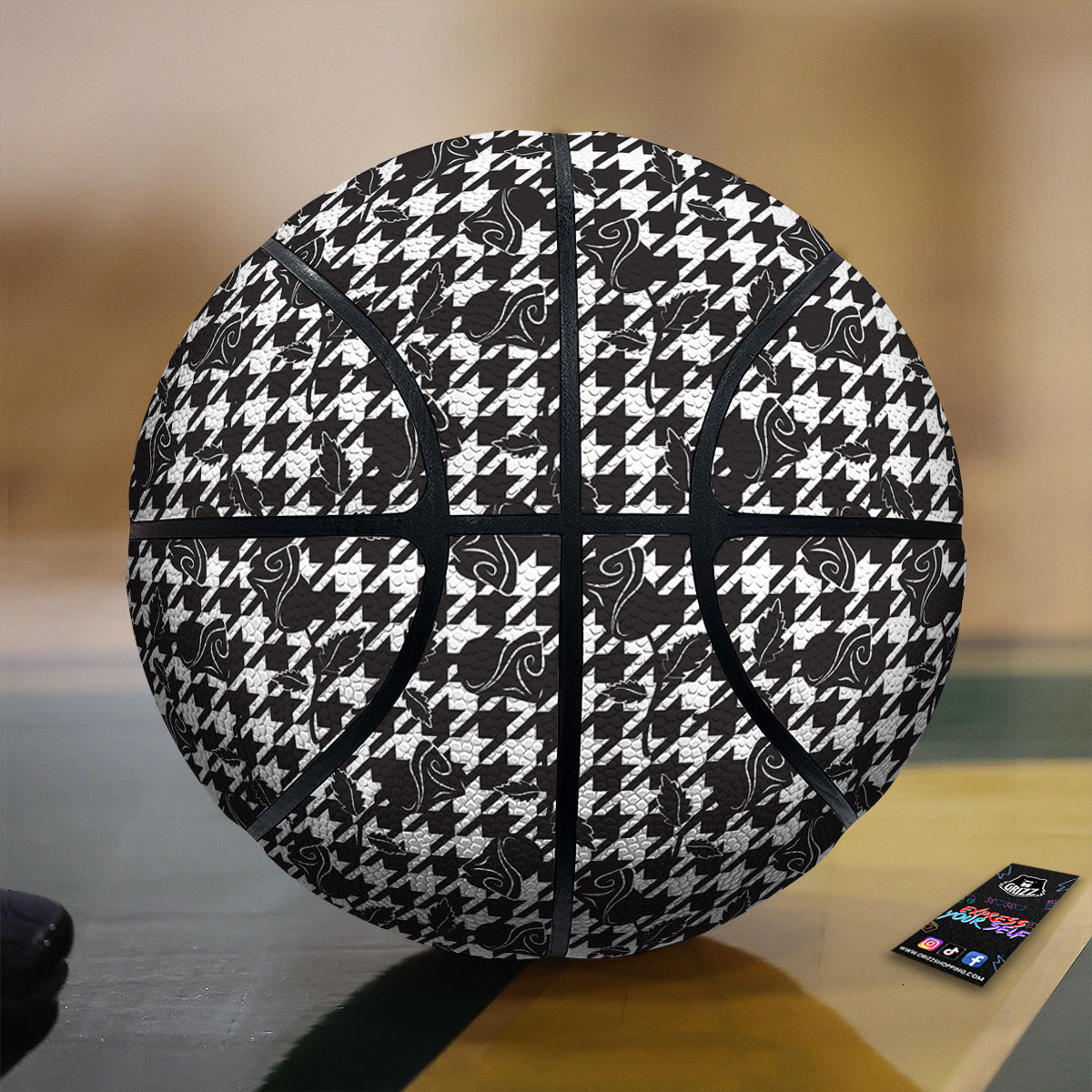 Houndstooth And Black Rose Print Pattern Basketball