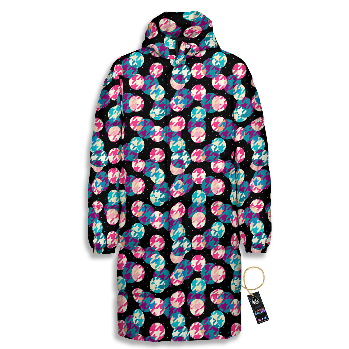 Houndstooth And Classic Polka Dot Print Pattern Long Down Jacket