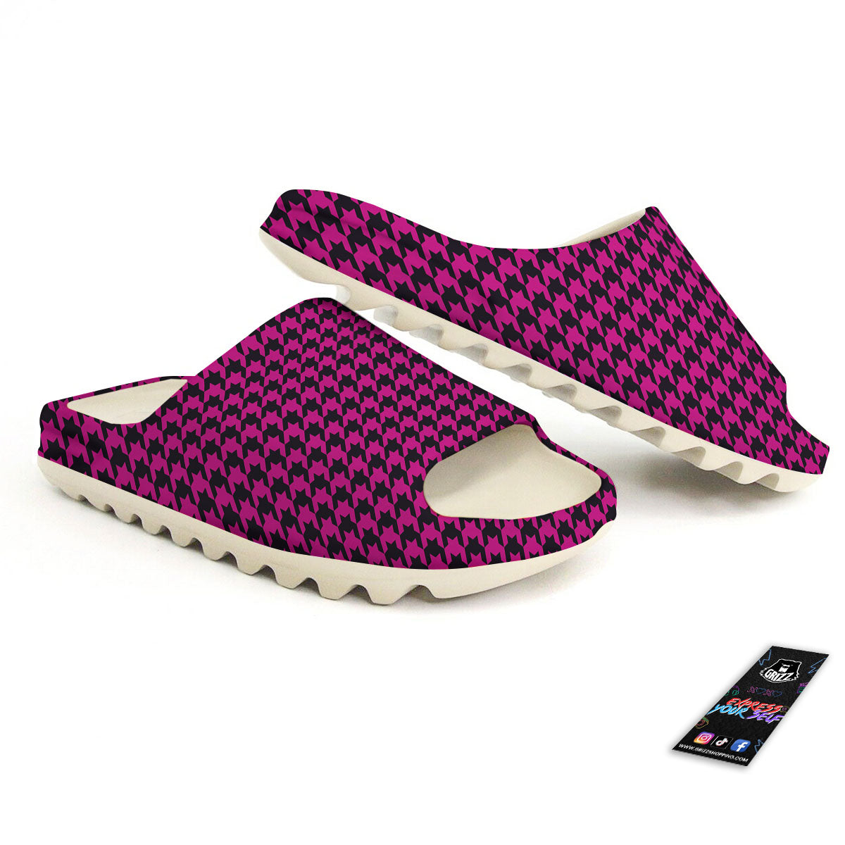 Houndstooth Black And Pink Magenta Print Sandals-grizzshop