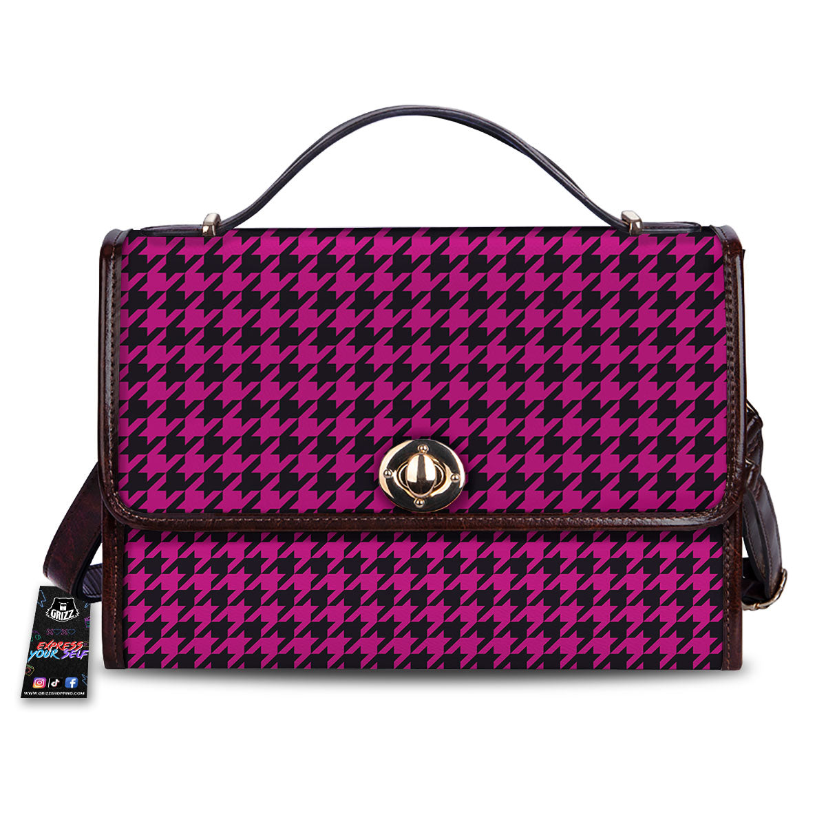 Houndstooth Black And Pink Magenta Print Women's Satchel Bag