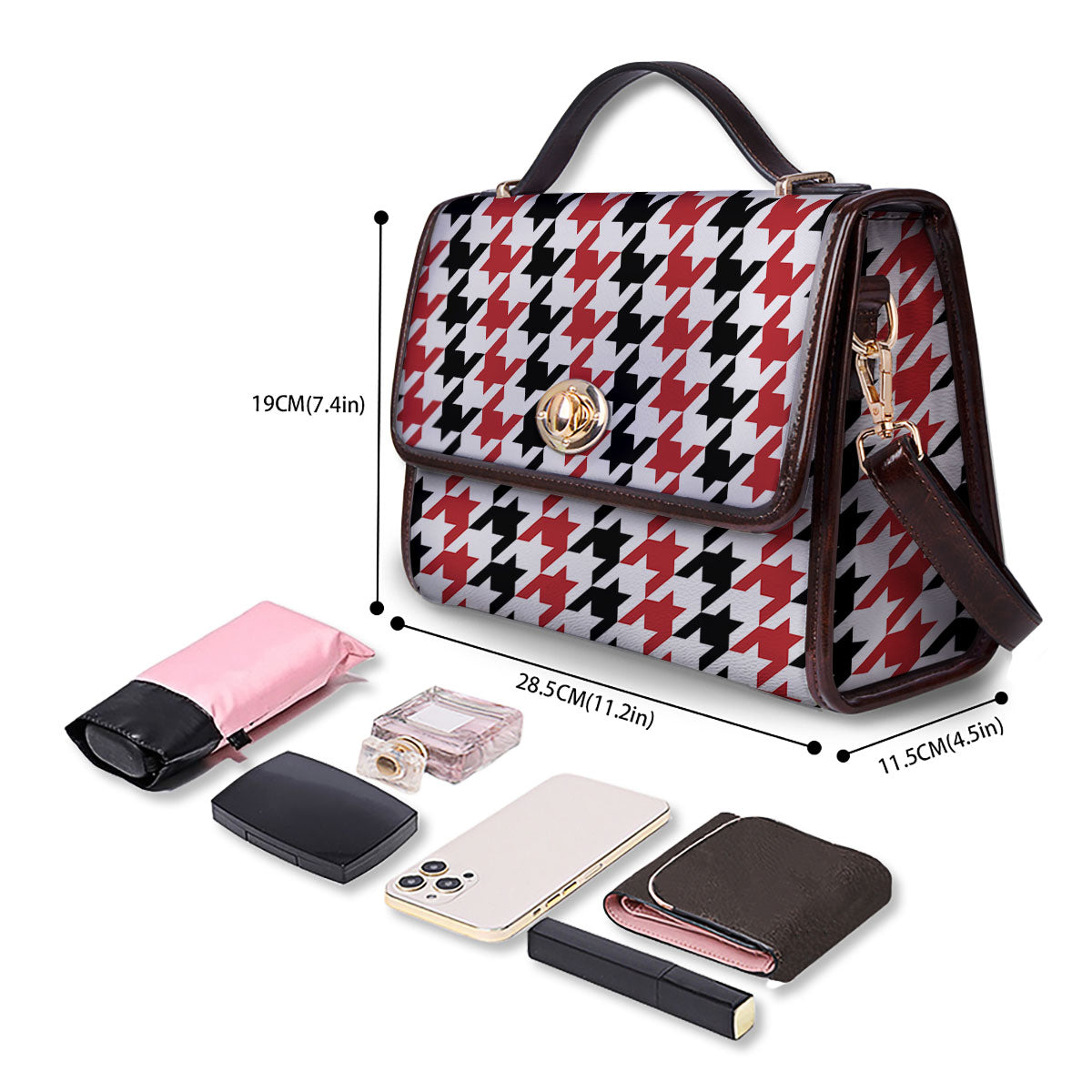 Houndstooth Black And Red Print Pattern Women's Satchel Bag