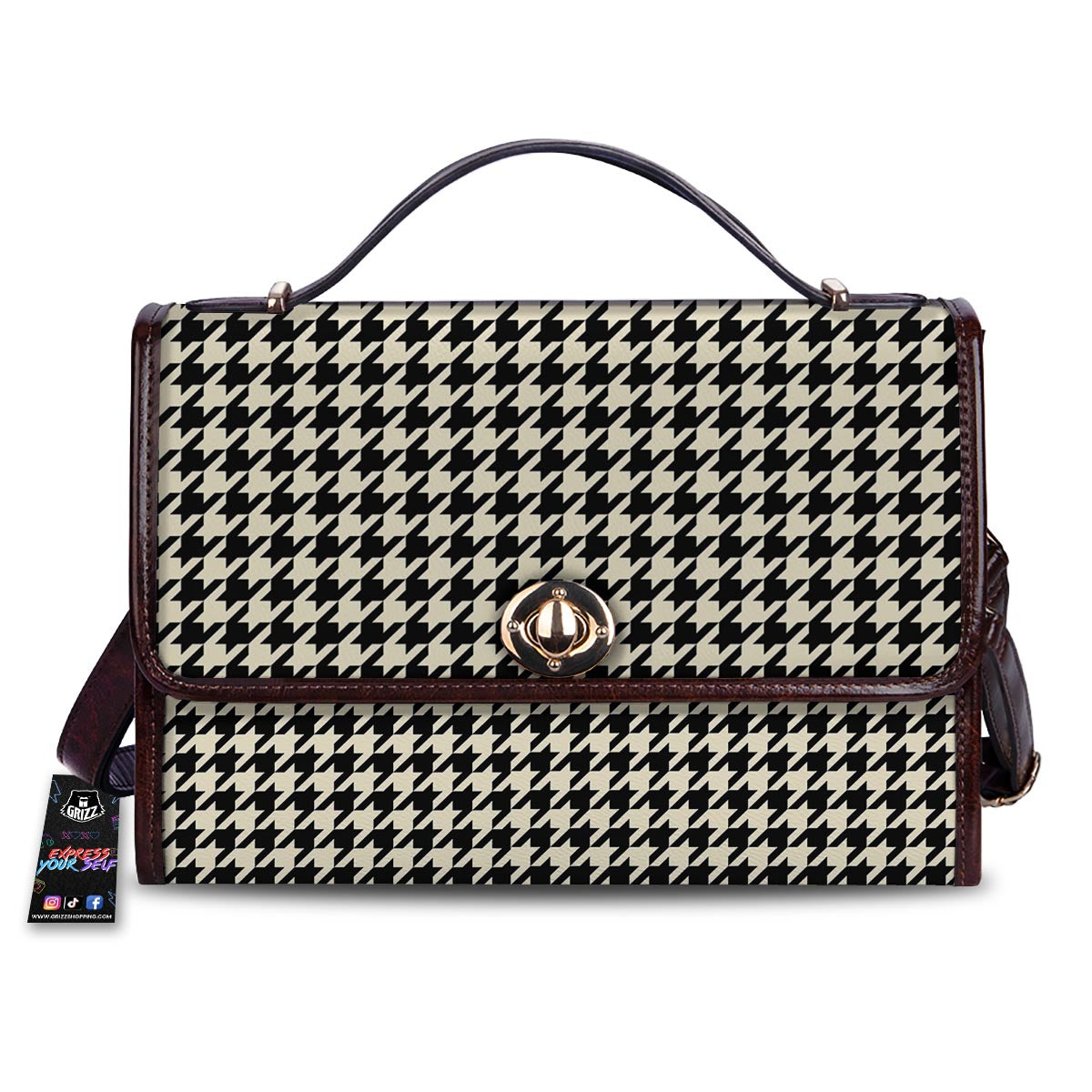 Houndstooth Black And Tan Print Pattern Women's Satchel Bag
