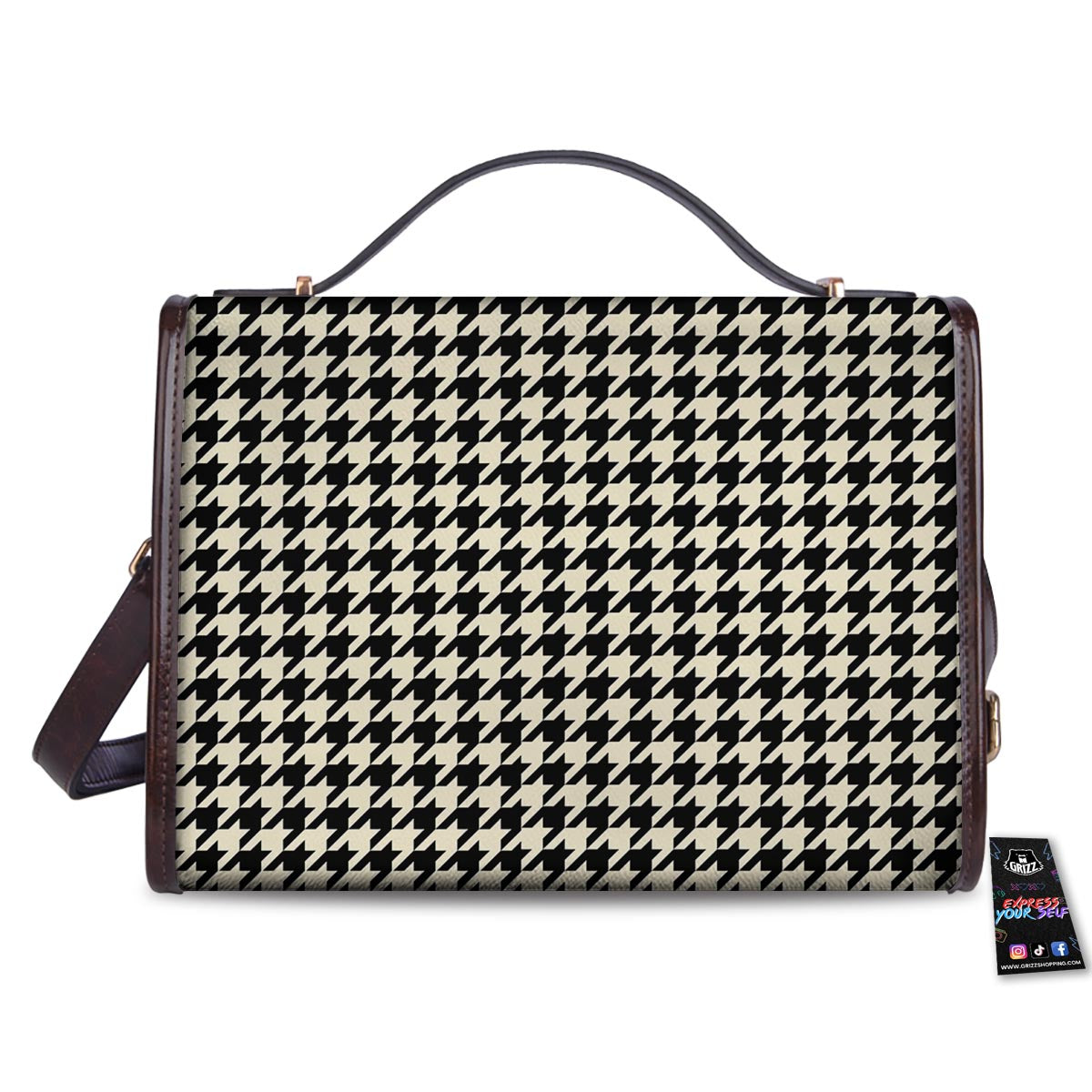 Houndstooth Black And Tan Print Pattern Women's Satchel Bag