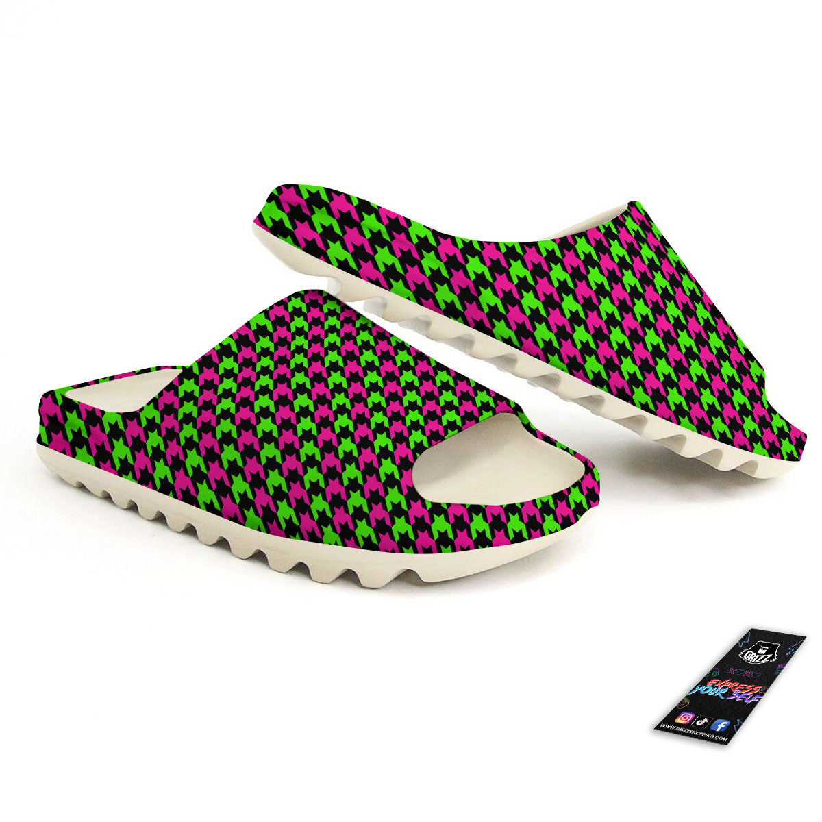 Houndstooth Green And Pink Print Pattern Sandals-grizzshop