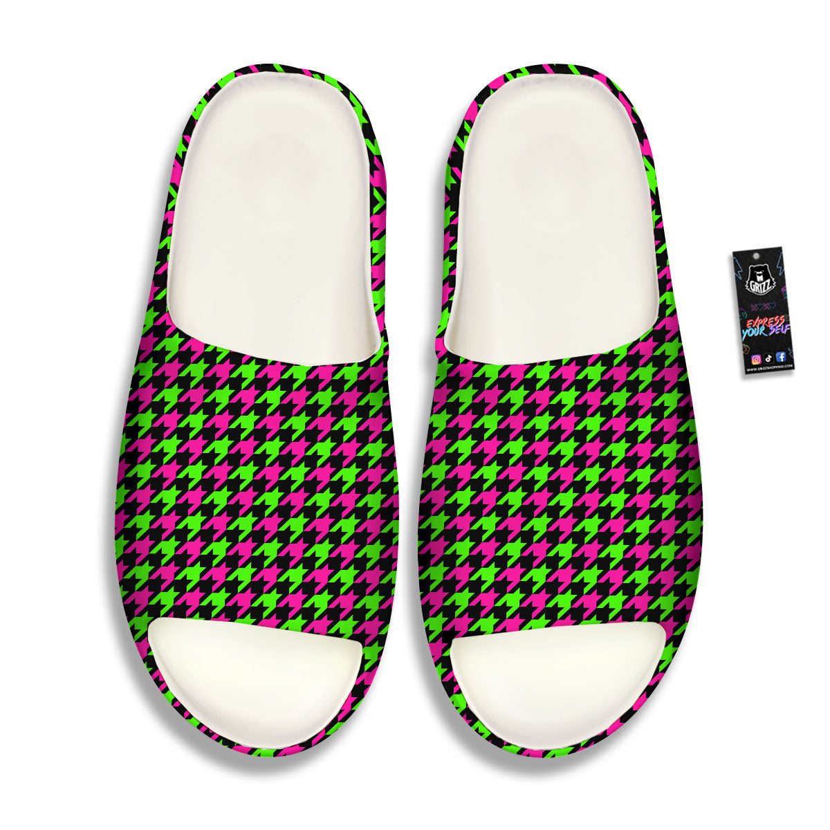 Houndstooth Green And Pink Print Pattern Sandals-grizzshop