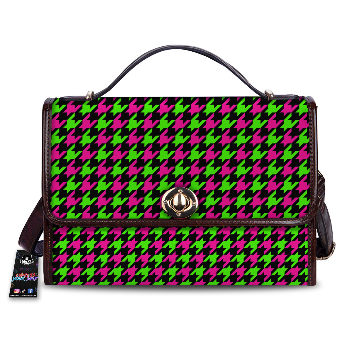 Houndstooth Green And Pink Print Pattern Women's Satchel Bag