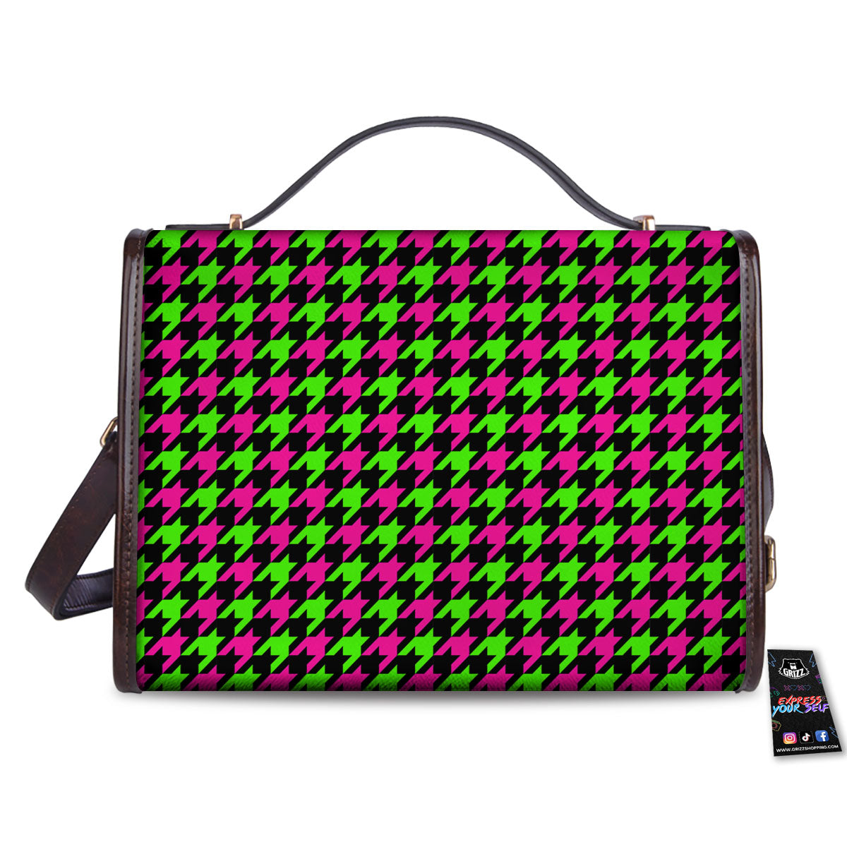 Houndstooth Green And Pink Print Pattern Women's Satchel Bag