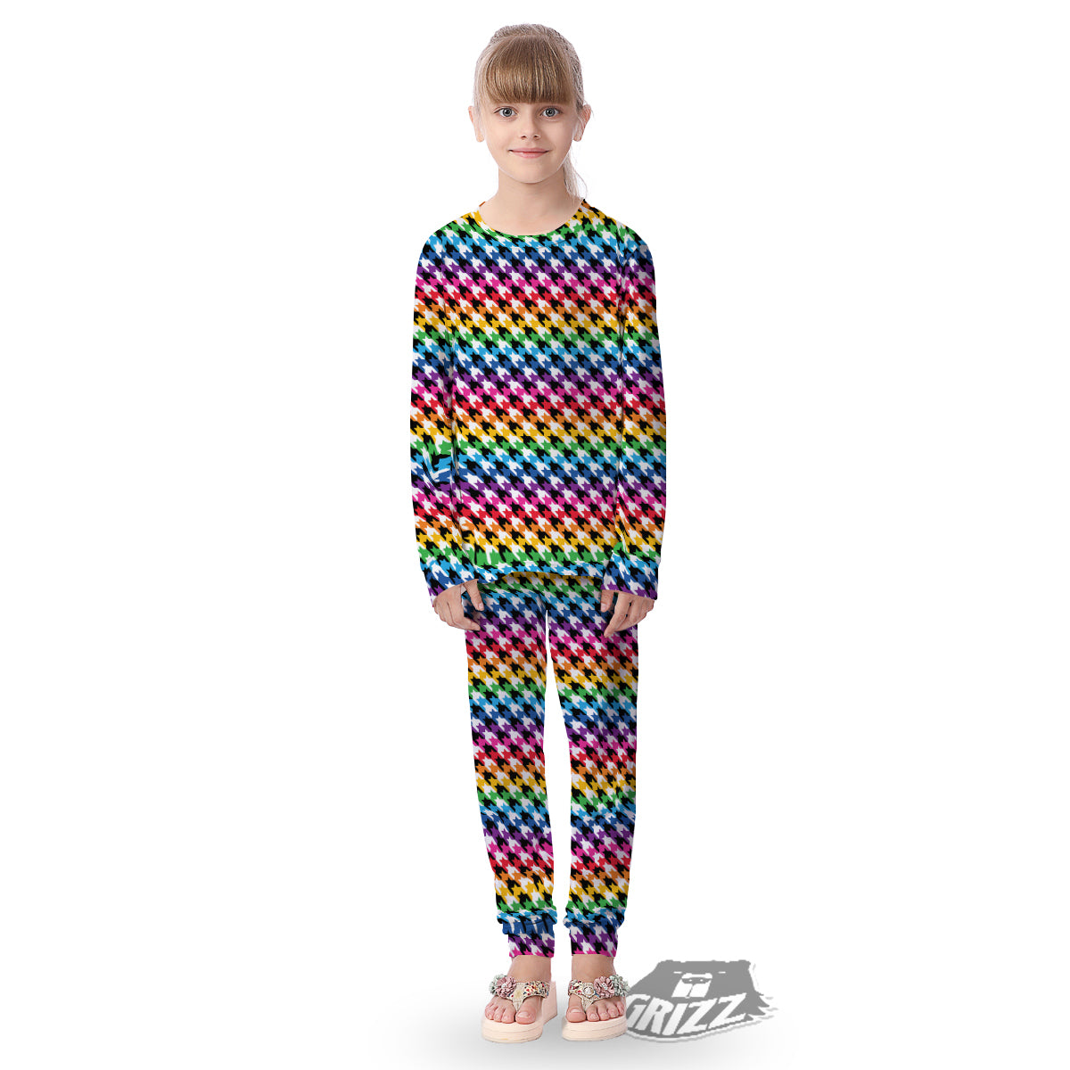 Houndstooth Rainbow Pride Print Pattern Kid's Pajamas-grizzshop