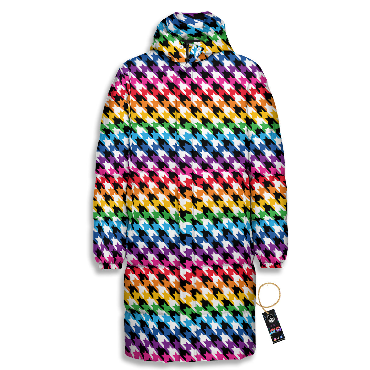 Houndstooth Rainbow Pride Print Pattern Long Down Jacket-grizzshop