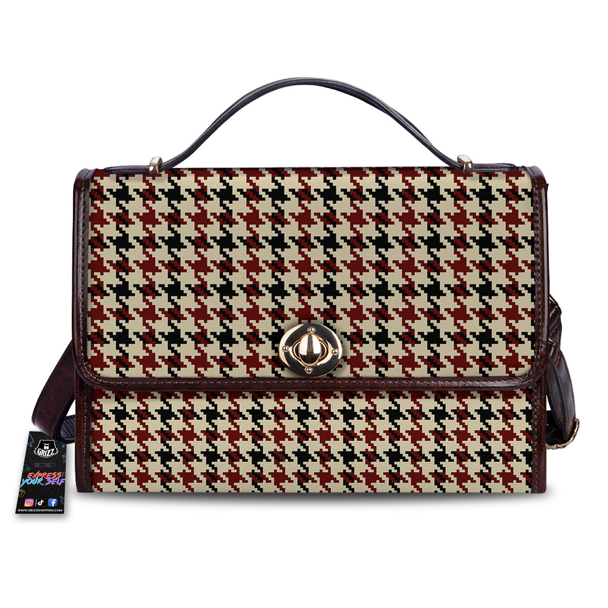 Houndstooth Red Brown Print Pattern Women's Satchel Bag