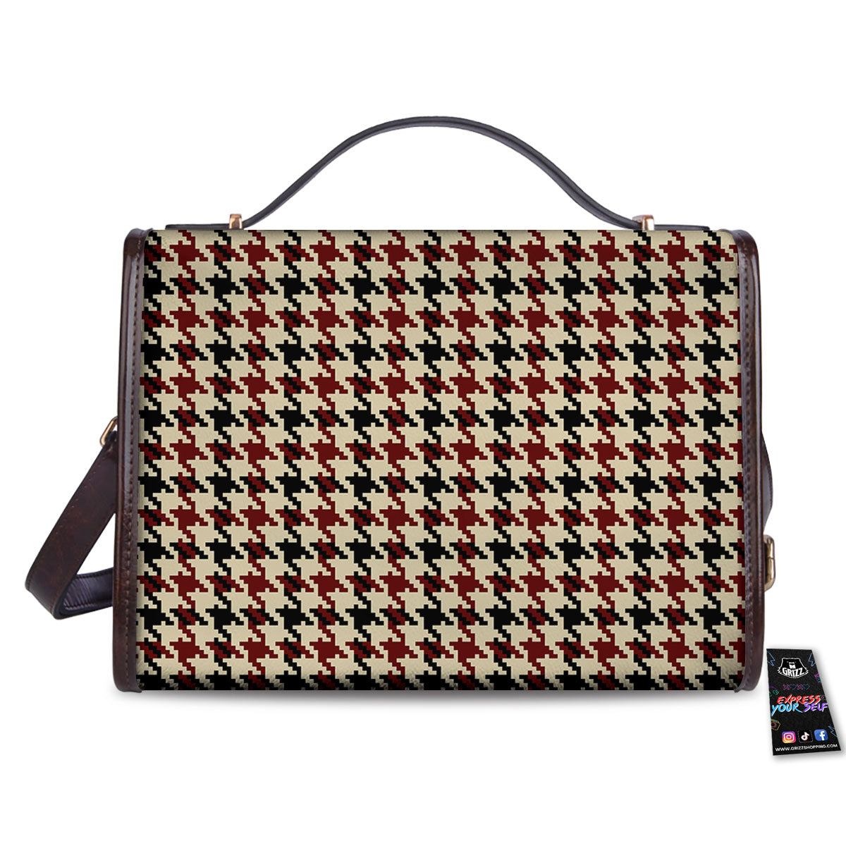 Houndstooth Red Brown Print Pattern Women's Satchel Bag