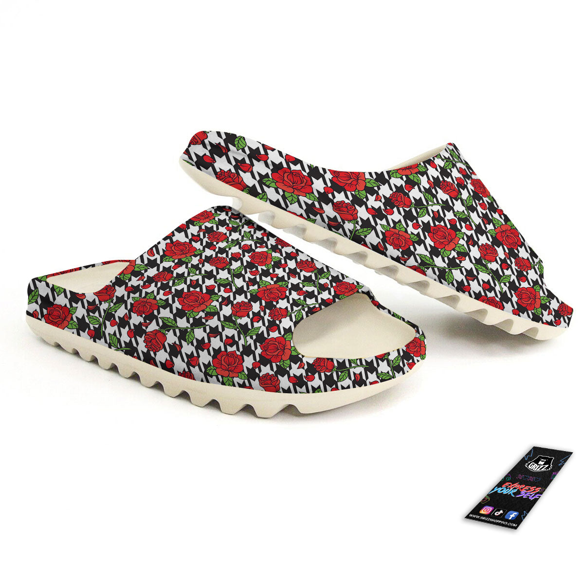 Houndstooth Red Roses Print Pattern Sandals-grizzshop