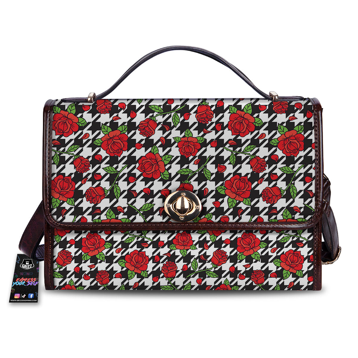 Houndstooth Red Roses Print Pattern Women's Satchel Bag