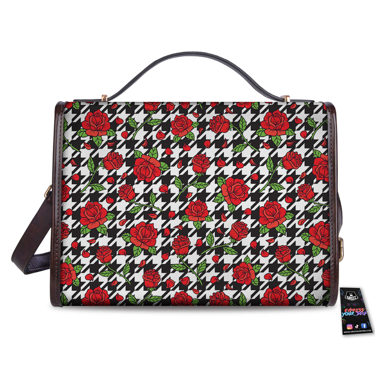 Houndstooth Red Roses Print Pattern Women's Satchel Bag