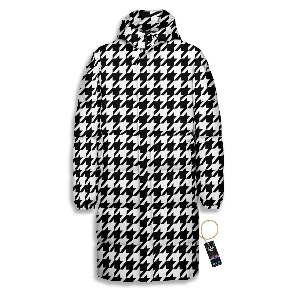 Houndstooth White And Black Print Long Down Jacket