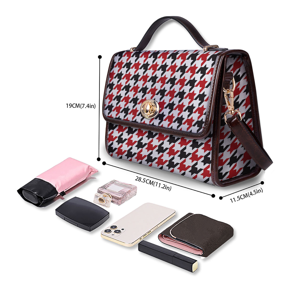 Houndstooth White And Red Print Pattern Women's Satchel Bag
