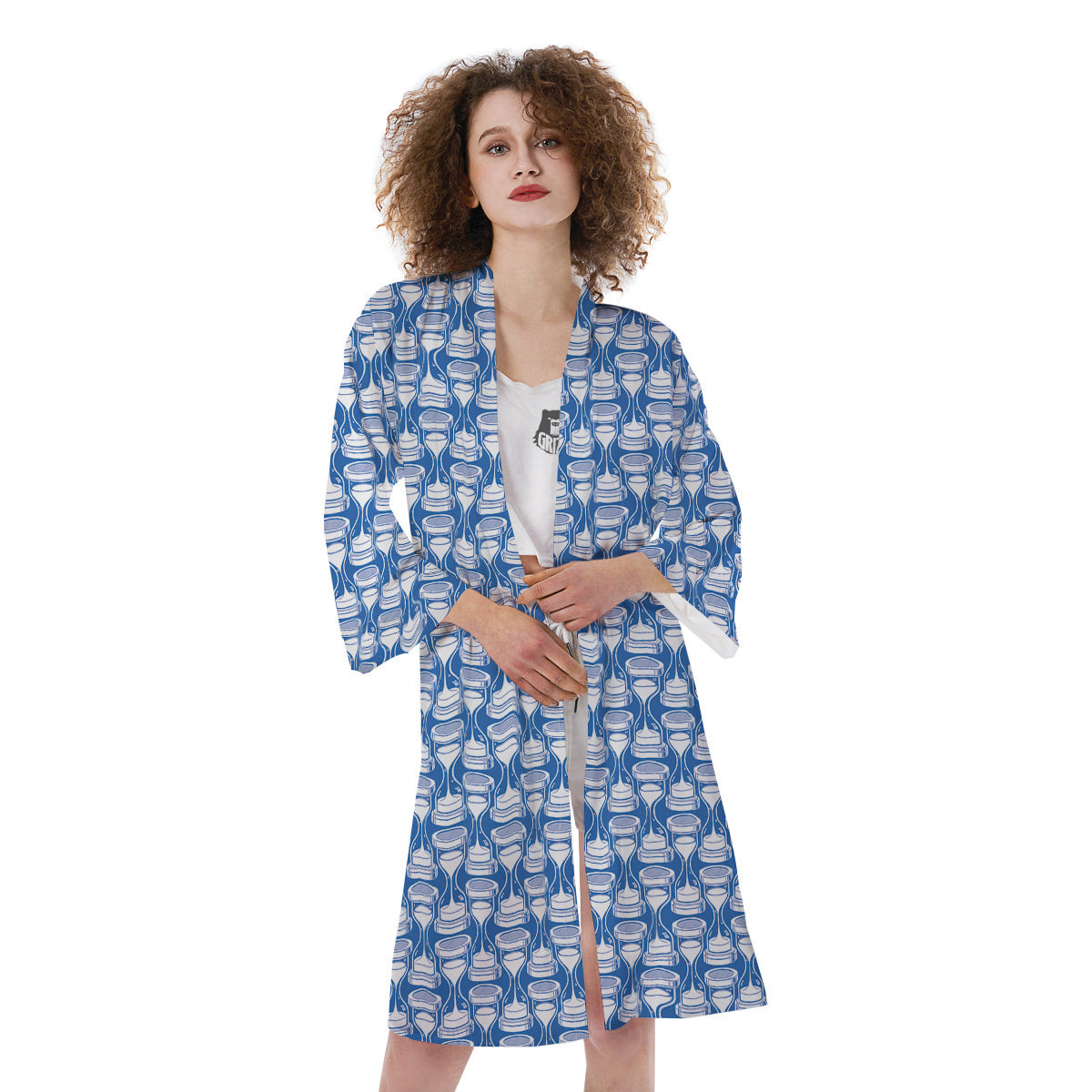Hourglasses White And Blue Print Pattern Kimono-grizzshop