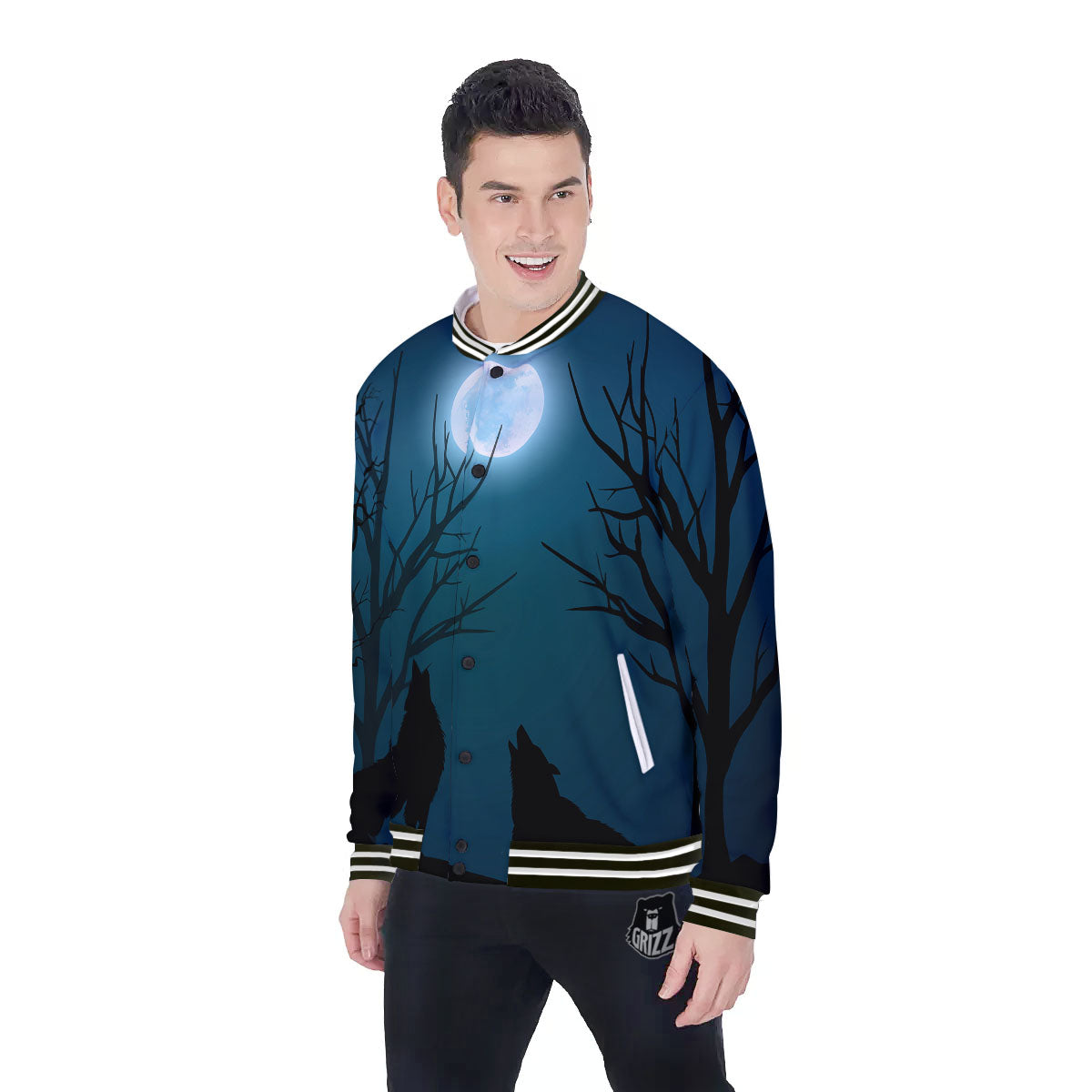Howling Wolf At The Full Moon Print Baseball Jacket-grizzshop