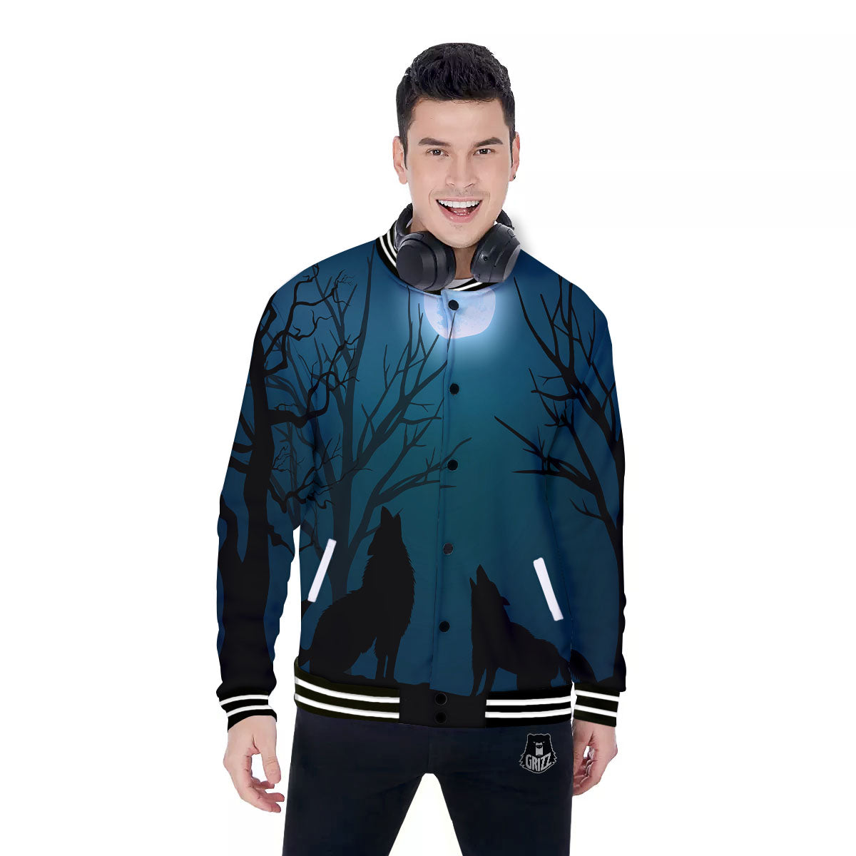 Howling Wolf At The Full Moon Print Baseball Jacket-grizzshop