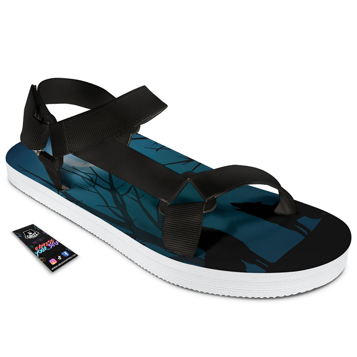 Howling Wolf At The Full Moon Print Black Open Toe Sandals-grizzshop