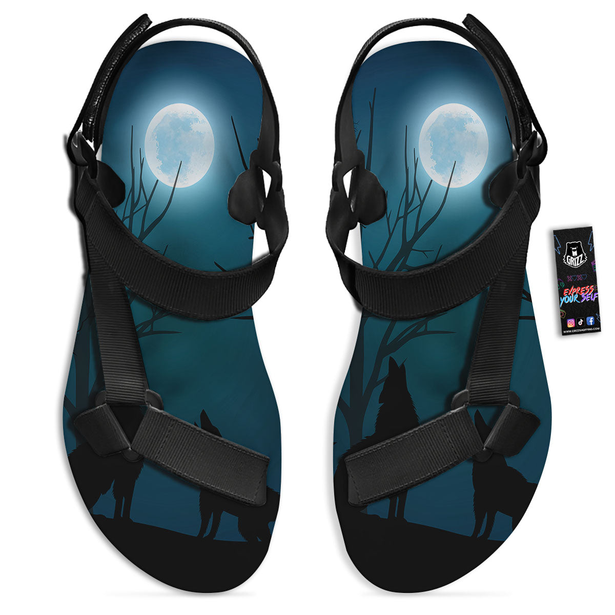 Howling Wolf At The Full Moon Print Black Open Toe Sandals-grizzshop