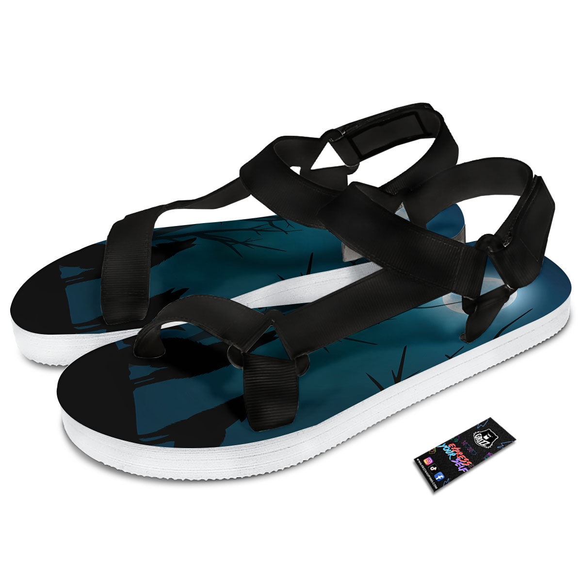 Howling Wolf At The Full Moon Print Black Open Toe Sandals-grizzshop