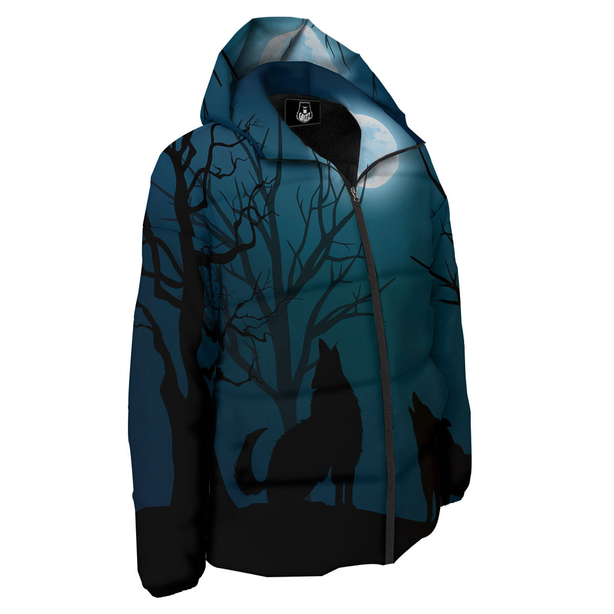 Howling Wolf At The Full Moon Print Down Jacket-grizzshop