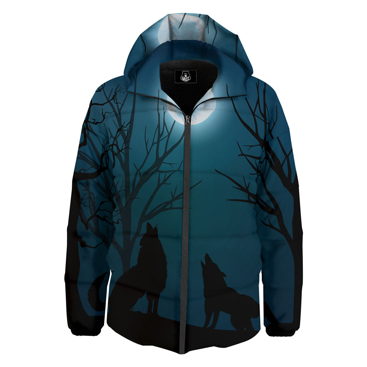 Howling Wolf At The Full Moon Print Down Jacket-grizzshop