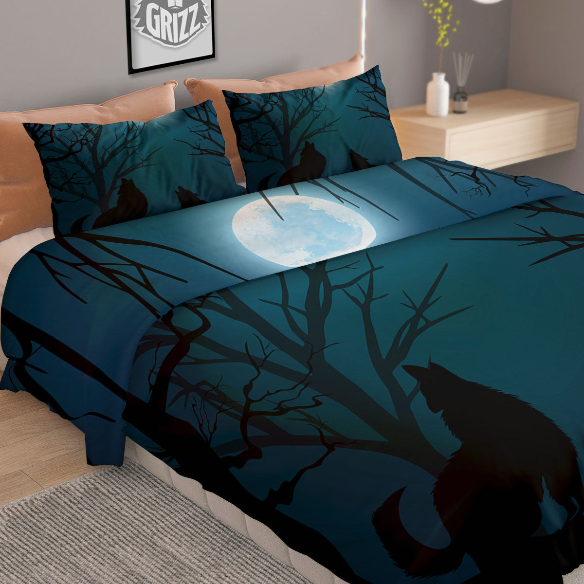 Howling Wolf At The Full Moon Print Duvet Cover Bedding Set