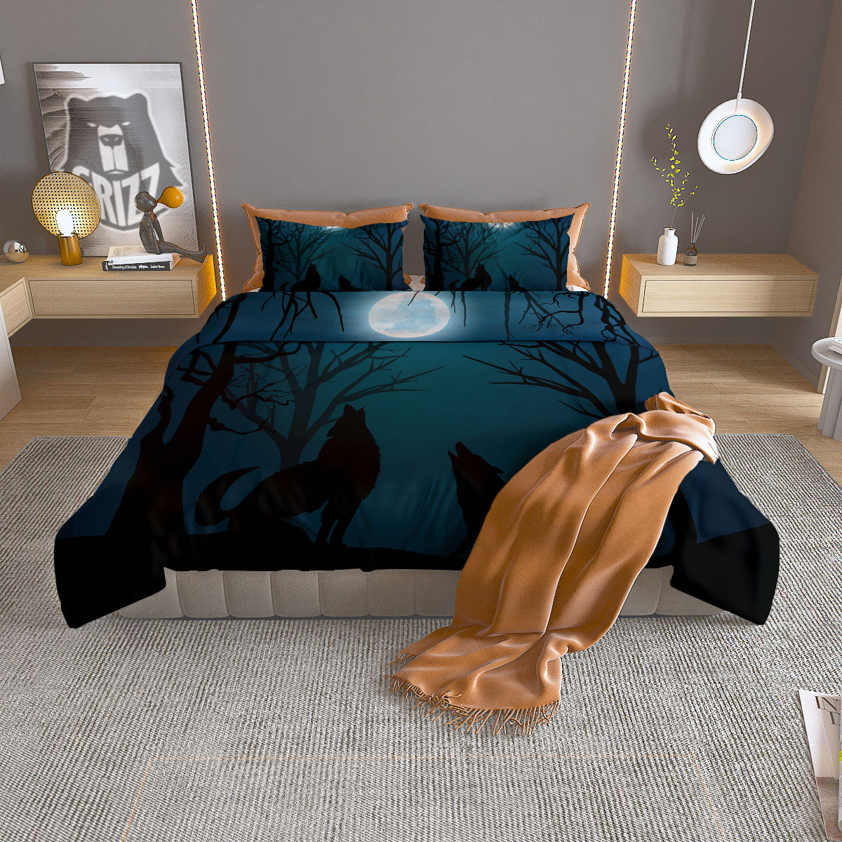 Howling Wolf At The Full Moon Print Duvet Cover Bedding Set