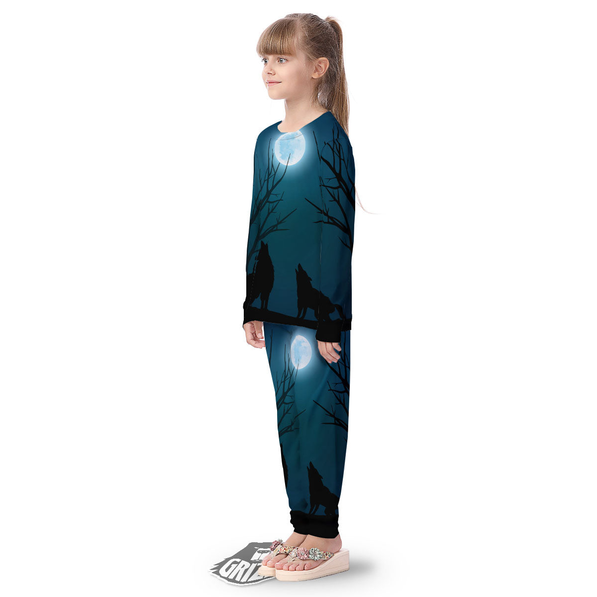 Howling Wolf At The Full Moon Print Kid's Pajamas-grizzshop