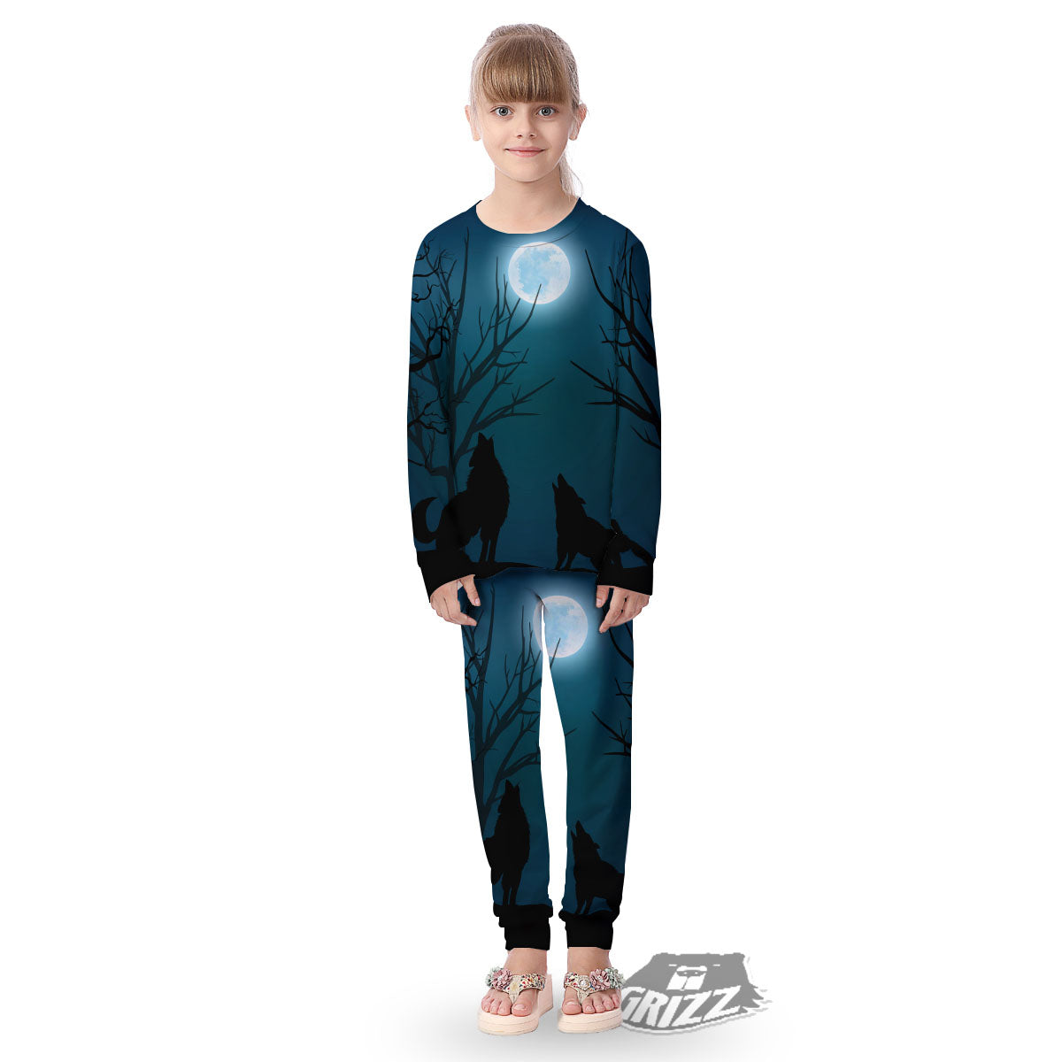 Howling Wolf At The Full Moon Print Kid's Pajamas-grizzshop