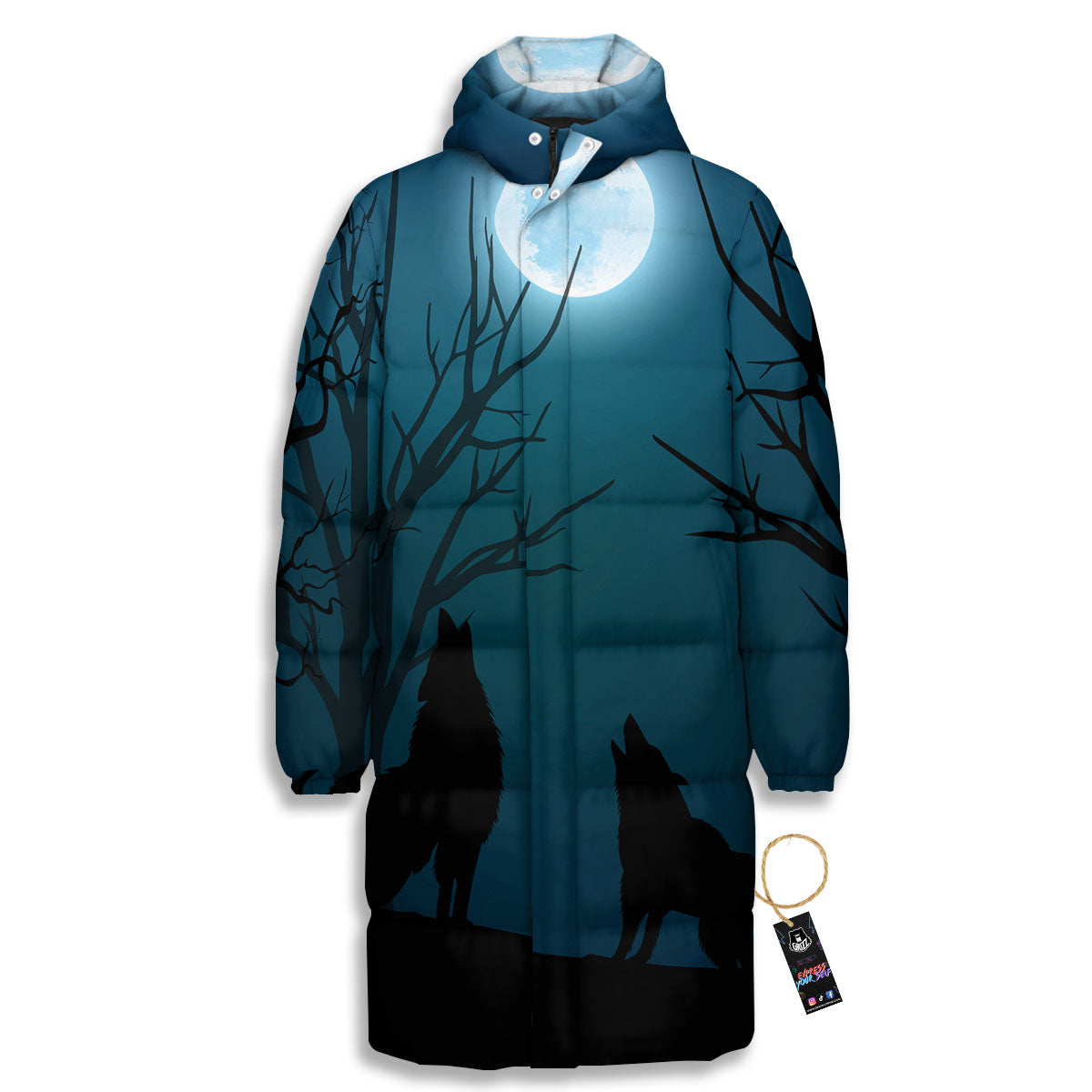 Howling Wolf At The Full Moon Print Long Down Jacket-grizzshop