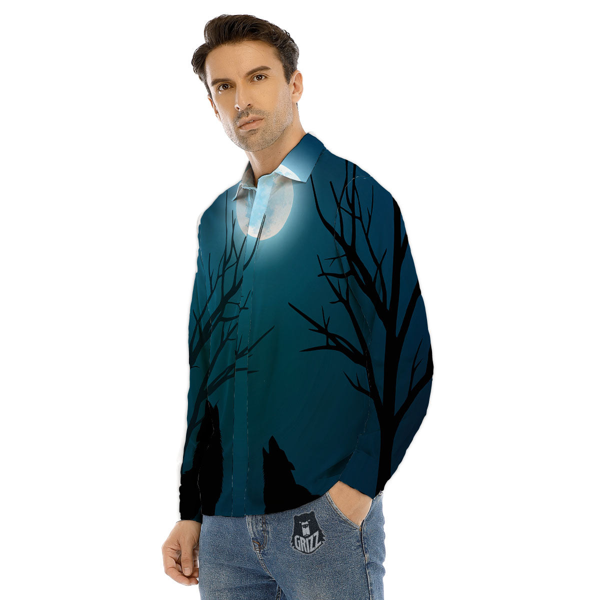 Howling Wolf At The Full Moon Print Men's Dress Shirts-grizzshop