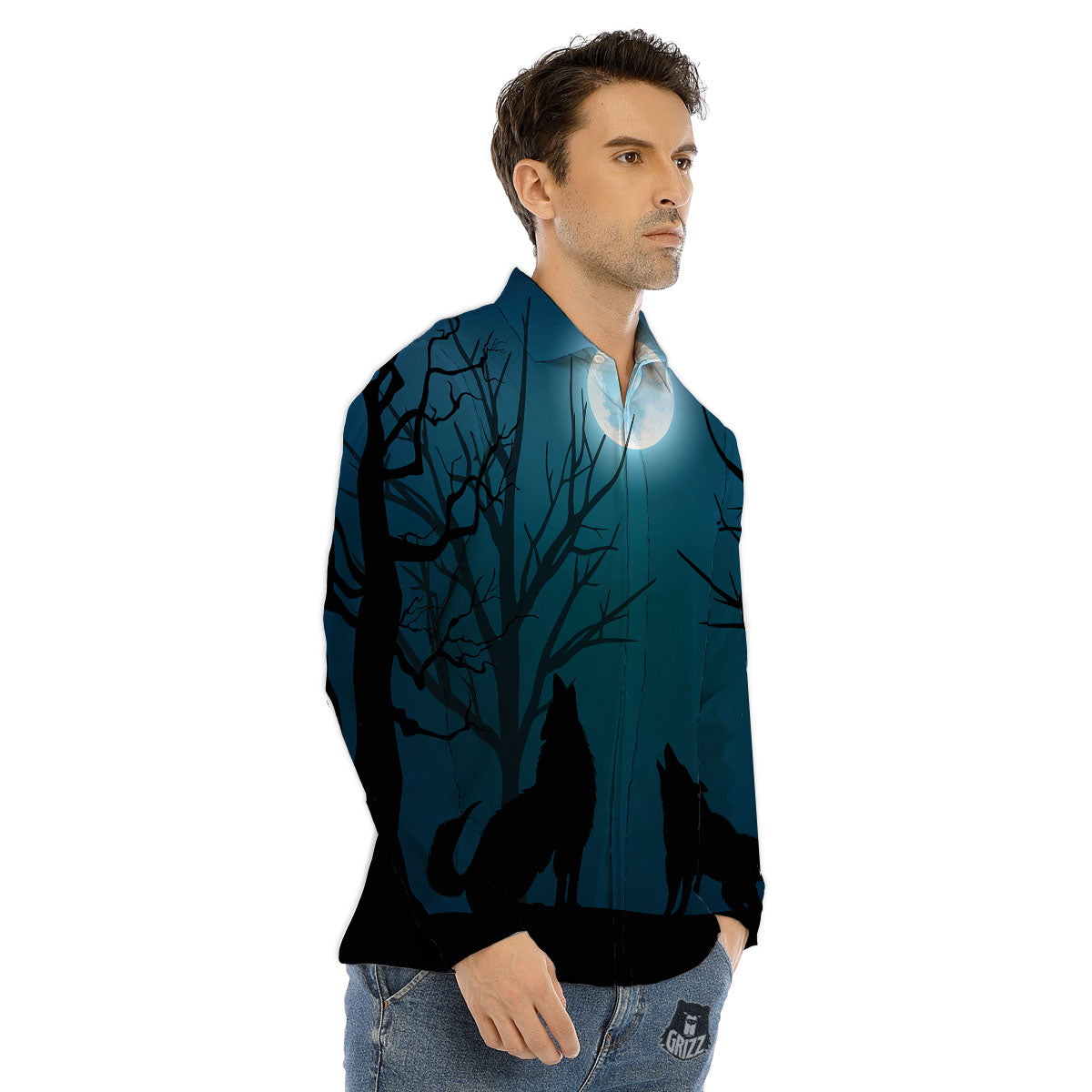 Howling Wolf At The Full Moon Print Men's Dress Shirts-grizzshop